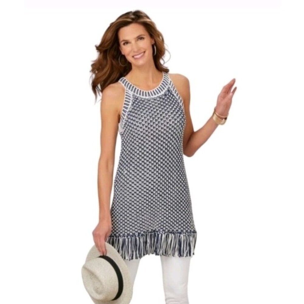 Soft Surroundings Petite XL Boho Beach Casual Bambado Fringe Crochet Tunic Top